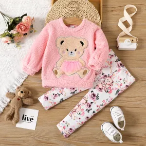 2pcs Baby Girl Bear Embroidered Long-sleeve Fuzzy Pullover and Allover Print Leggings Set #832938