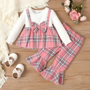 2pcs Baby Girl Bow Decor Plaid Ribbed Panel 2 In 1 Top and Flared Pants Set #1051142