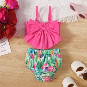 2pcs Baby Girl Bow Decor Slip Top and Allover Cactus Flower Print Shorts Set #1044120