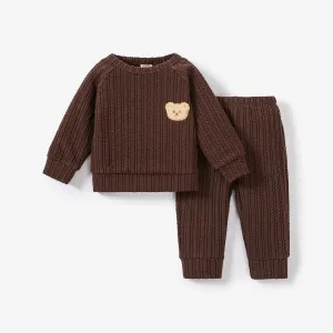 2pcs Baby Girl/Boy Bear Embroidered Textured Top and Pants Set #1051516