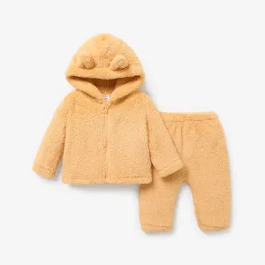 2pcs Baby Girl/Boy Solid Color Casual Fleece Hooded Set #1208242