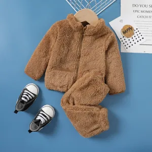 2PCS Baby Boy/Girl Zipper Design Solid Coat/ Pant Set #1114299