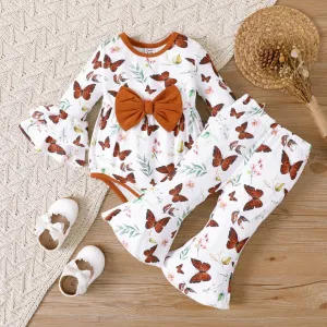 2pcs Baby Girl Butterfly Print Bow Decor Bell Sleeves Bodysuit and Flared Pants Set #1052424