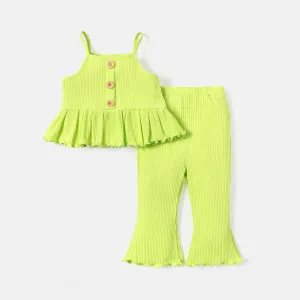 2pcs Baby Girl Button Front Solid Cotton Ribbed Ruffle Hem Cami Top and Flared Pants Set