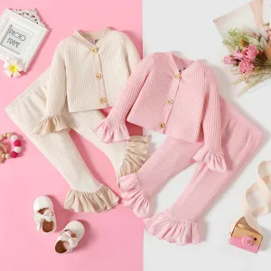 2pcs Baby Girl Button Front Solid Rib Knit Bell-sleeve Cardigan and Ruffle Flared Pants Set #208844