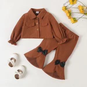 2pcs Baby Girl Buttons Front Long-sleeve Jacket and Bow Decor Flared Pants Set #1051243
