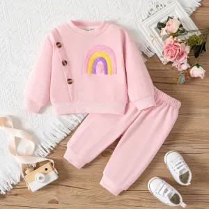 2pcs Baby Girl Buttons Front Rainbow Embroidery Long-sleeve Sweatshirt and Solid Pants Set #1057424