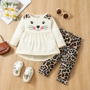 2pcs Baby Girl Cartoon Cat Print Long-sleeve Top and Leopard Pants Set #991886