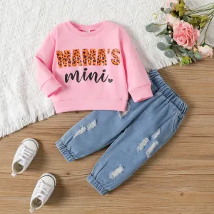 2PCS Baby Girl Casual Distressed Feature Letter Pattern Long Sleeve Denim Sets #1068110