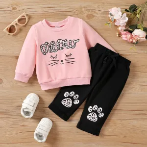 2pcs Baby Girl Cat & Letters Print Long-sleeve Sweatshirt and Cat Paw Print Pants Set #1058399