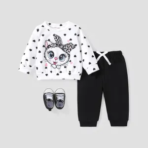 2PCS Baby Girl Childlike Cat Top/ Solid Pant #1162013
