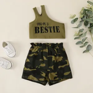 2pcs Baby Girl Cotton Letter Print One-Shoulder Camisole and Camouflage Shorts Set #1034170