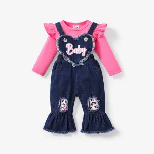 2pcs Baby Girl Cotton Ruffled Tshirt and Heart shape Denim Overall Set