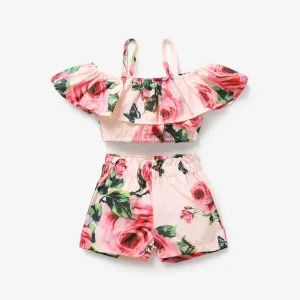 2pcs Baby Girl Floral Print Pink Off Shoulder Spaghetti Strap Ruffle Crop Top and Shorts Set #802984