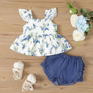 2pcs Baby Girl Floral Print Ruffle Hem Flutter-sleeve Top and Ruffled Shorts Set #1043318