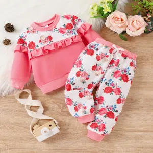 2pcs Baby Girl Floral Print Ruffle Long-sleeve Sweatshirt and Drawstring Pants Set #1054108