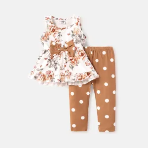 2pcs Baby Girl Floral Print Ruffle Sleeveless Naiaâ¢ Tee and Polka dots Leggings Set