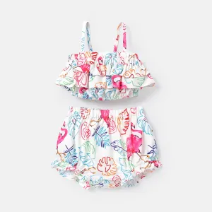 2pcs Baby Girl Floral Print Ruffled Camisole and Shorts Set #780528