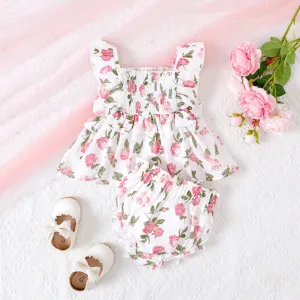 2pcs Baby Girl Floral Print Ruffled Smocked Camisole and Shorts Set #922485