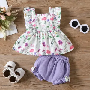2pcs Baby Girl Floral Print Ruffled Top and 100% Cotton Bow Decor Ruffled Shorts Set #1033670