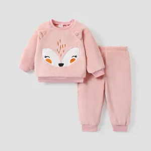 2pcs Baby Girl Fox Ears Design Embroidered Fleece Long-sleeve Pullover and Pants Set #207613