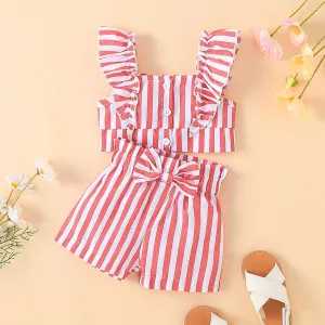 2pcs Baby Girl Front Buttons Ruffle Stripe Top and Bow Decor Shorts Set #1042164