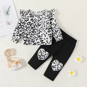 2pcs Baby Girl Heart Embroidered Cotton Pants and Leopard Print Ruffle Long-sleeve Top Set #232298