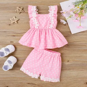 2pcs Baby Girl Lace Polka Dots Ruffle Top and Shorts Set #1041173