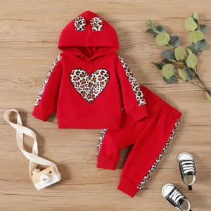 2pcs Baby Girl Leopard Ears Design Heart Graphic Long-sleeve Hoodie and Sweatpants Set #214070