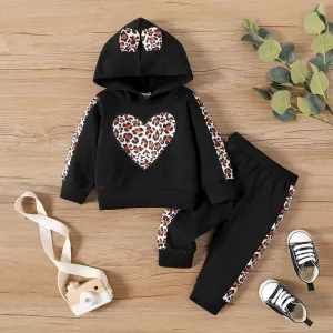 2pcs Baby Girl Leopard Ears Design Heart Graphic Long-sleeve Hoodie and Sweatpants Set #214075