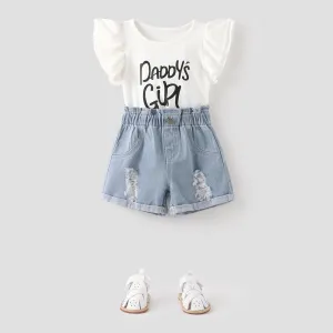 2pcs Baby Girl Letter Print Flutter-sleeve Top and Ripped Denim Shorts Set #1033270