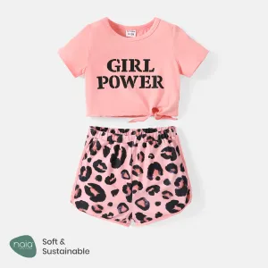 2pcs Baby Girl Letter Print Knot Front Short-sleeve Cotton Crop Tee and Leopard Naiaâ¢ Shorts Set #720738