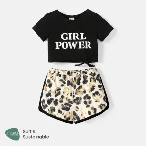 2pcs Baby Girl Letter Print Knot Front Short-sleeve Cotton Crop Tee and Leopard Naiaâ¢ Shorts Set #720744