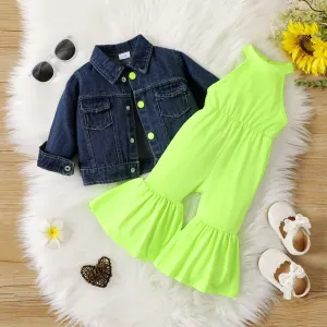 2pcs Baby Girl Long-sleeve Denim Jacket and Fluorescent Color Halter Bell Bottom Jumpsuit Set #830730