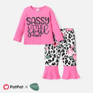 2pcs Baby Girl Long-sleeve Letter Print Cotton Ribbed Top and Leopard Print Flared Pants Set #220085