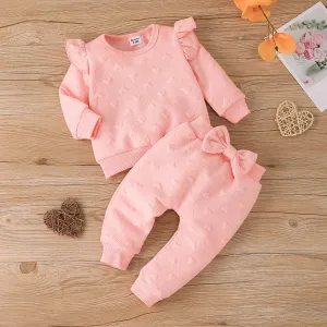 2pcs Baby Girl Pink Love Heart Textured Ruffle Trim Long-sleeve Pullover and Bow Front Pants Set #830251