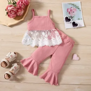 2pcs Baby Girl Pink Ribbed Spliced Lace Hem Cami Top and Flared Pants Set #867785