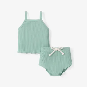 2pcs Baby Girl Plain Ribbed Cotton Camisole and Shorts Set #922701