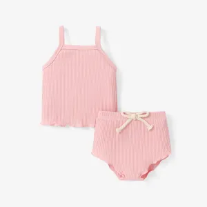 2pcs Baby Girl Plain Ribbed Cotton Camisole and Shorts Set #922706