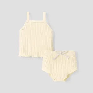 2pcs Baby Girl Plain Ribbed Cotton Camisole and Shorts Set #922712