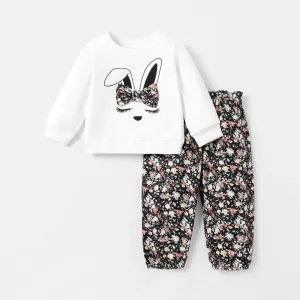 2pcs Baby Girl Rabbit Graphic Long-sleeve Cotton Sweatshirt and Floral Print Pants Set