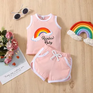 2pcs Baby Girl Rainbow & Letter Print Tank Top & Shorts Set #882024
