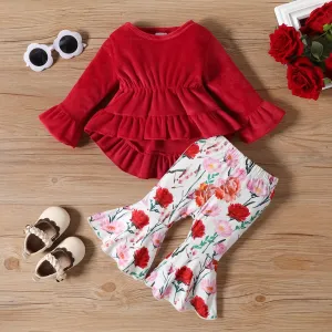 2pcs Baby Girl Ruffle Solid Long-sleeve Top and Allover Floral Print Flared Pants Set #1057618