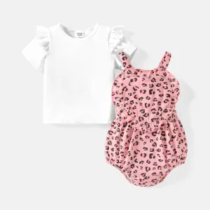 2pcs Baby Girl Ruffle Trim Short-sleeve White Cotton Tee and Leopard Cami Bodysuit Set #924862