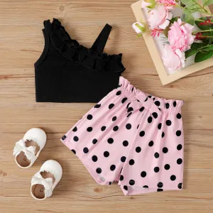 2pcs Baby Girl Ruffled One-Shoulder Cami Top and Naiaâ¢ Polka Dots Shorts Set #1041353