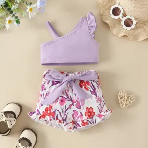 2pcs Baby Girl Single Slip Sloping Shoulders Ruffle Top and Belted Shorts Set
