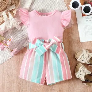 2pcs Baby Girl Solid 95% Cotton Flutter-sleeve Tee and Striped Belted Shorts Set #908684