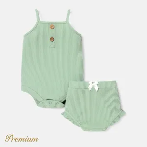 2pcs Baby Girl Solid Cotton Ribbed Cami Romper & Shorts Set