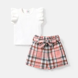 2pcs Baby Girl Solid Cotton Ribbed Flutter-sleeve Top and Plaid Pattern Belted Shorts Set