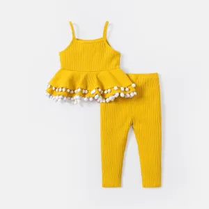 2pcs Baby Girl Solid Cotton Ribbed Layered Ruffle Hem Pom Poms Cami Top & Leggings Set #220307